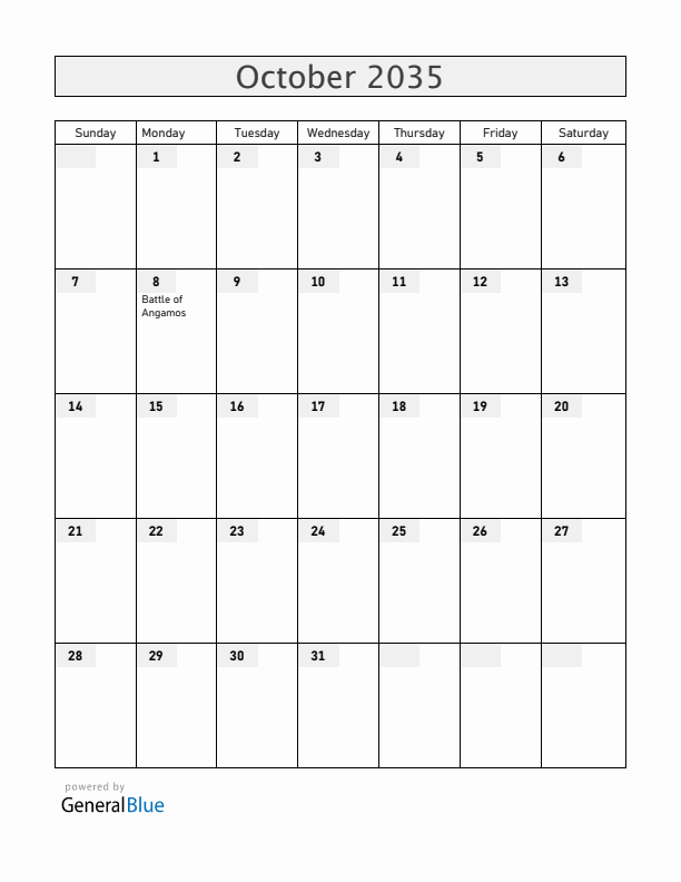 Peru October 2035 Calendar with Holidays
