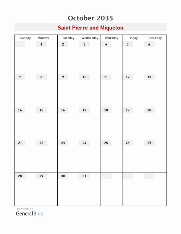 Saint Pierre and Miquelon October 2035 Calendar with Holidays