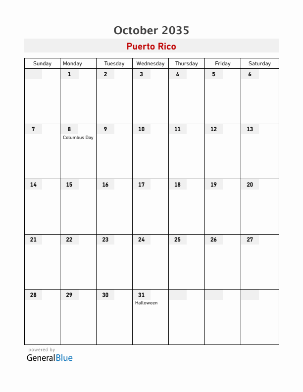 Puerto Rico October 2035 Calendar with Holidays