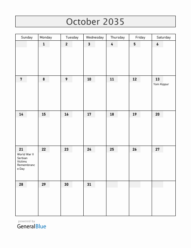 Serbia October 2035 Calendar with Holidays