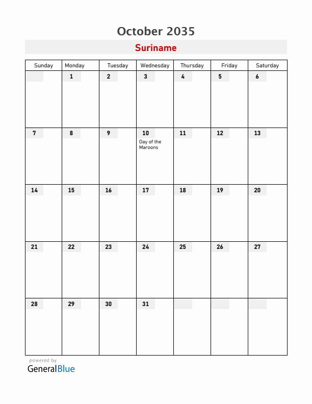 Suriname October 2035 Calendar with Holidays