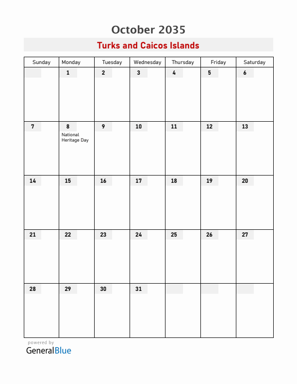 Turks and Caicos Islands October 2035 Calendar with Holidays