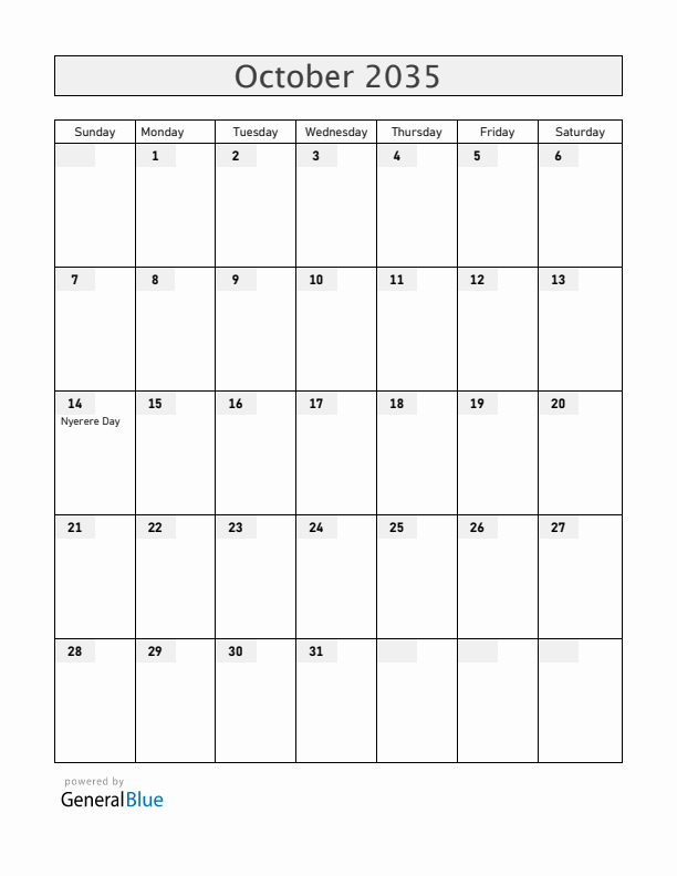 Tanzania October 2035 Calendar with Holidays