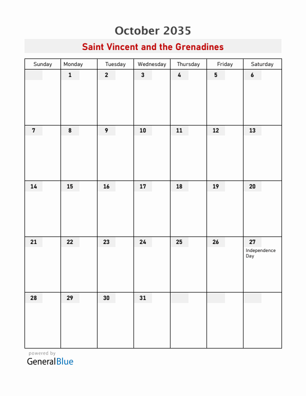Saint Vincent and the Grenadines October 2035 Calendar with Holidays
