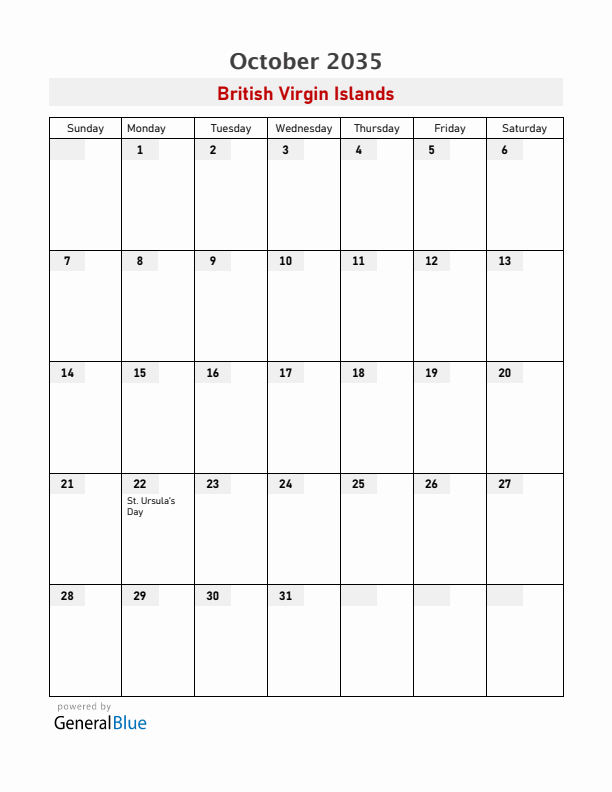 British Virgin Islands October 2035 Calendar with Holidays