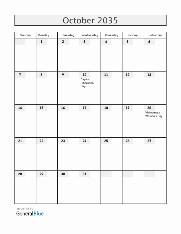 Vietnam October 2035 Calendar with Holidays