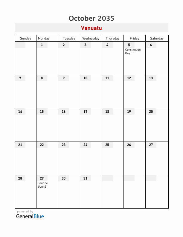 Vanuatu October 2035 Calendar with Holidays