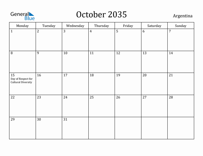 October 2035 Calendar Argentina