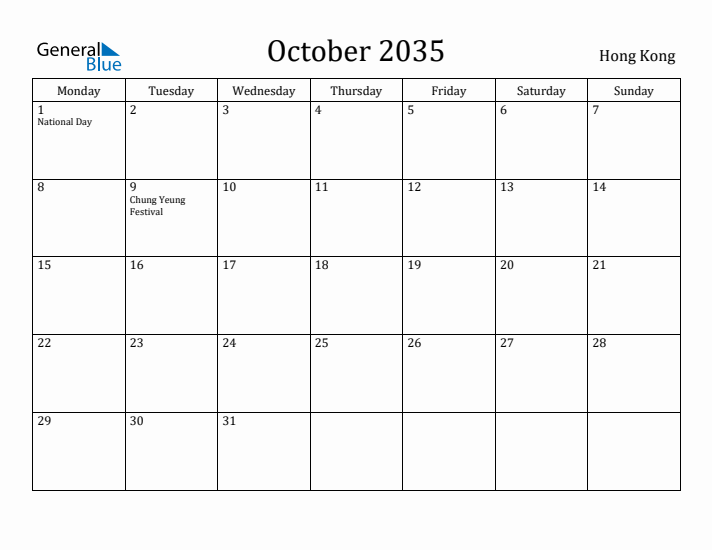 October 2035 Calendar Hong Kong