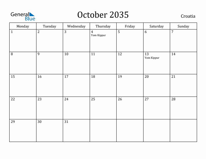 October 2035 Calendar Croatia