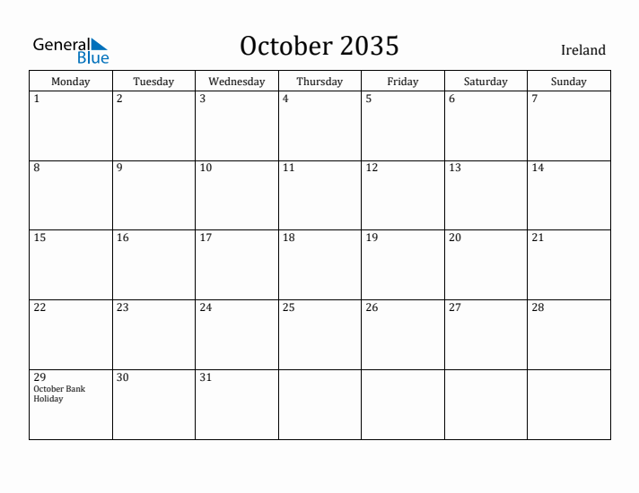 October 2035 Calendar Ireland