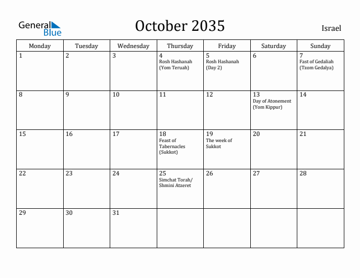 October 2035 Calendar Israel