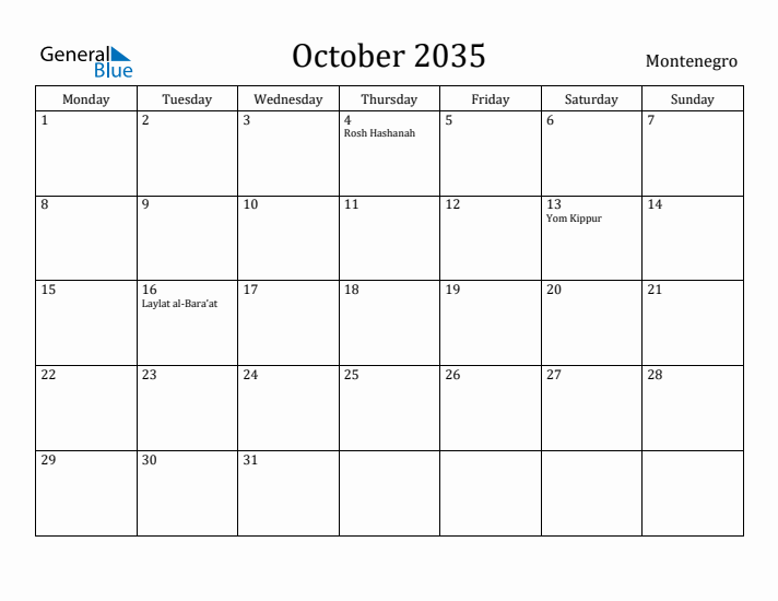 October 2035 Calendar Montenegro