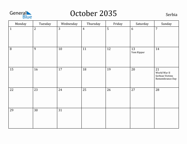 October 2035 Calendar Serbia