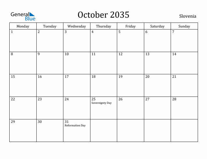 October 2035 Calendar Slovenia