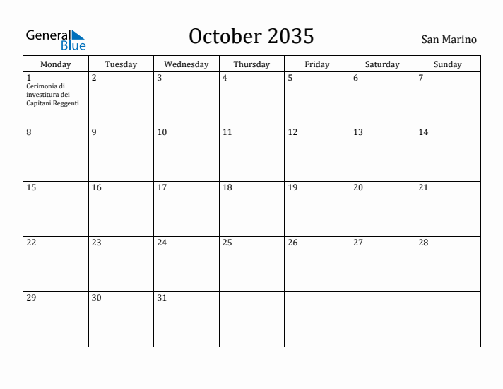 October 2035 Calendar San Marino