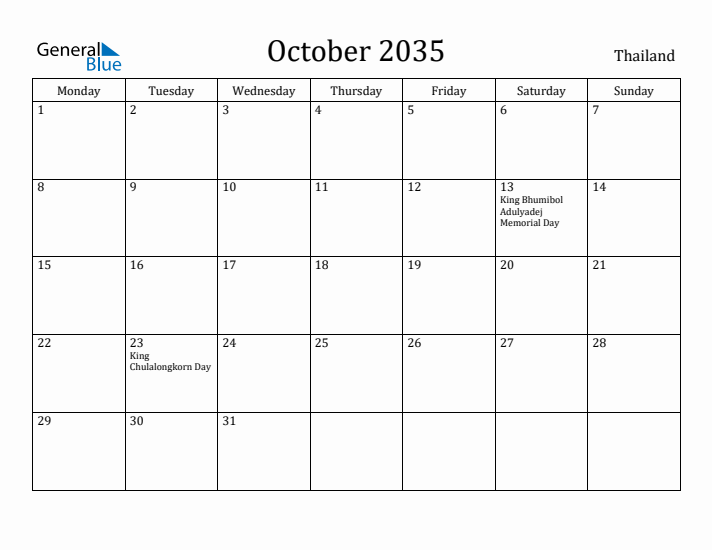October 2035 Calendar Thailand