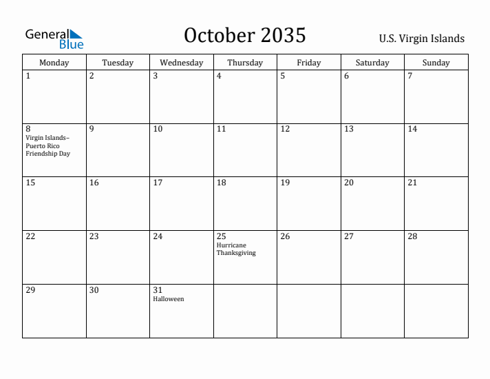 October 2035 Calendar U.S. Virgin Islands