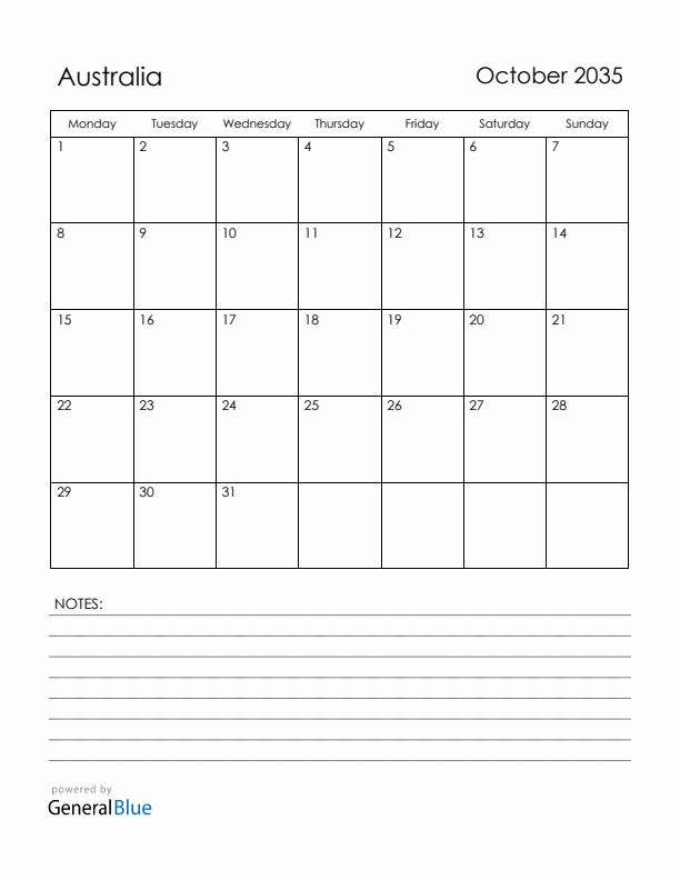 October 2035 Australia Calendar with Holidays (Monday Start)