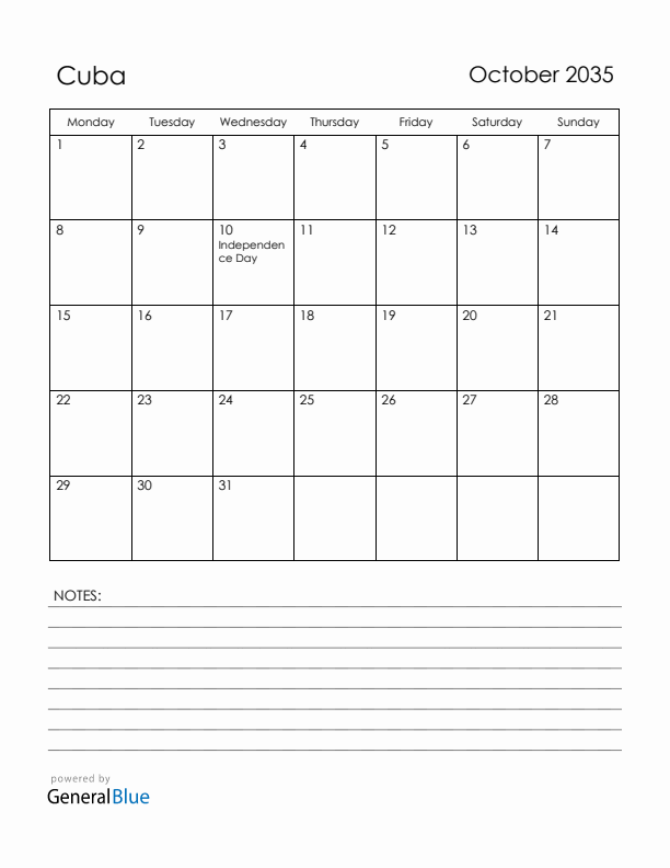 October 2035 Cuba Calendar with Holidays (Monday Start)