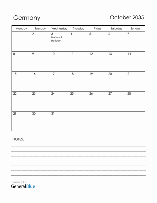 October 2035 Germany Calendar with Holidays (Monday Start)