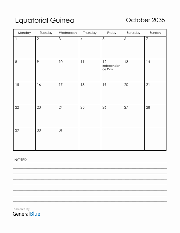 October 2035 Equatorial Guinea Calendar with Holidays (Monday Start)