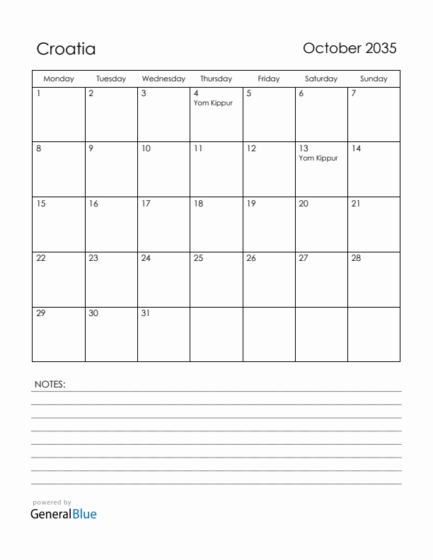 October 2035 Croatia Calendar with Holidays (Monday Start)