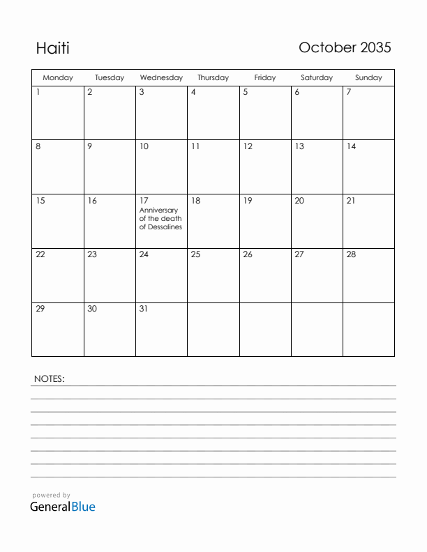 October 2035 Haiti Calendar with Holidays (Monday Start)