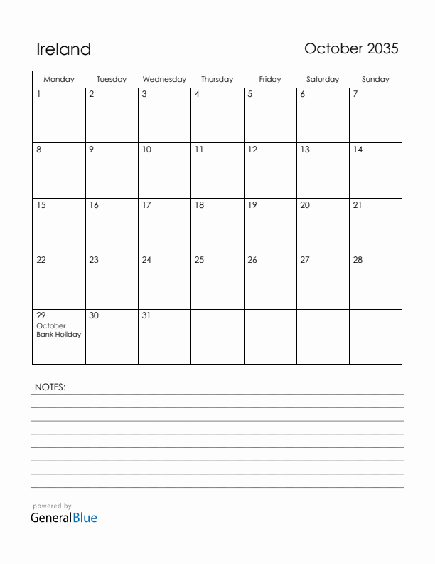 October 2035 Ireland Calendar with Holidays (Monday Start)
