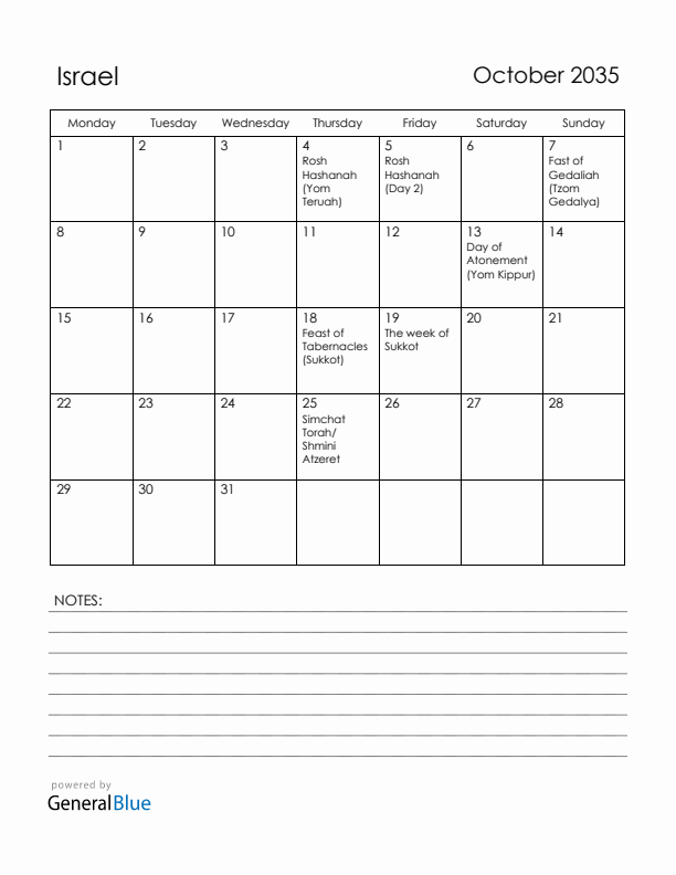October 2035 Israel Calendar with Holidays (Monday Start)
