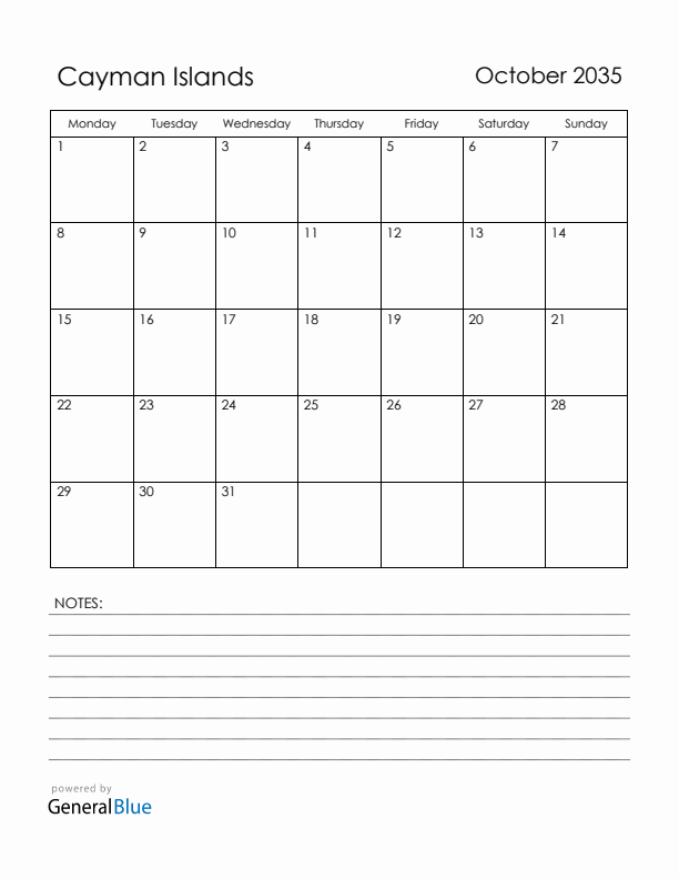 October 2035 Cayman Islands Calendar with Holidays (Monday Start)