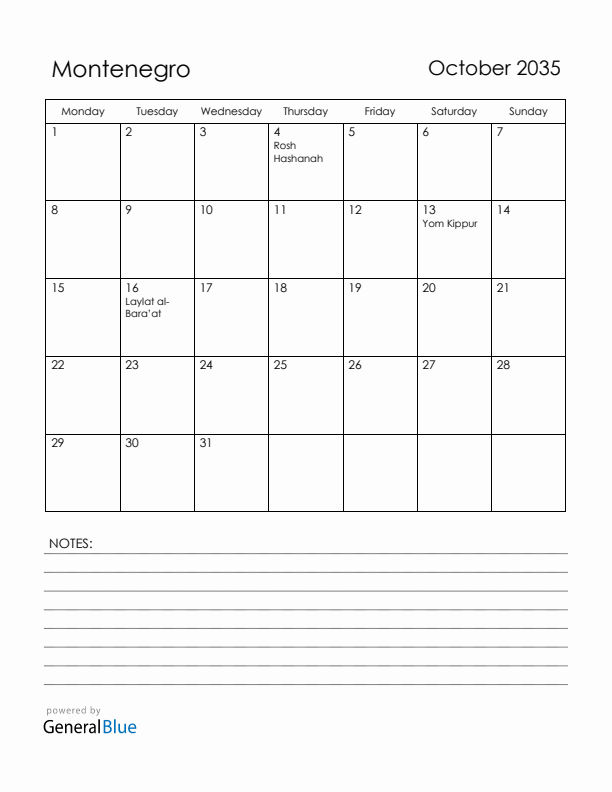 October 2035 Montenegro Calendar with Holidays (Monday Start)