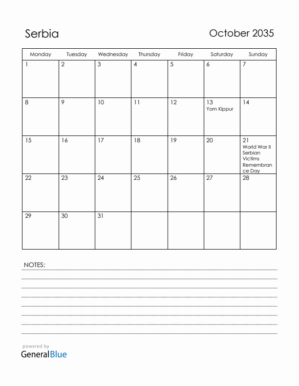 October 2035 Serbia Calendar with Holidays (Monday Start)