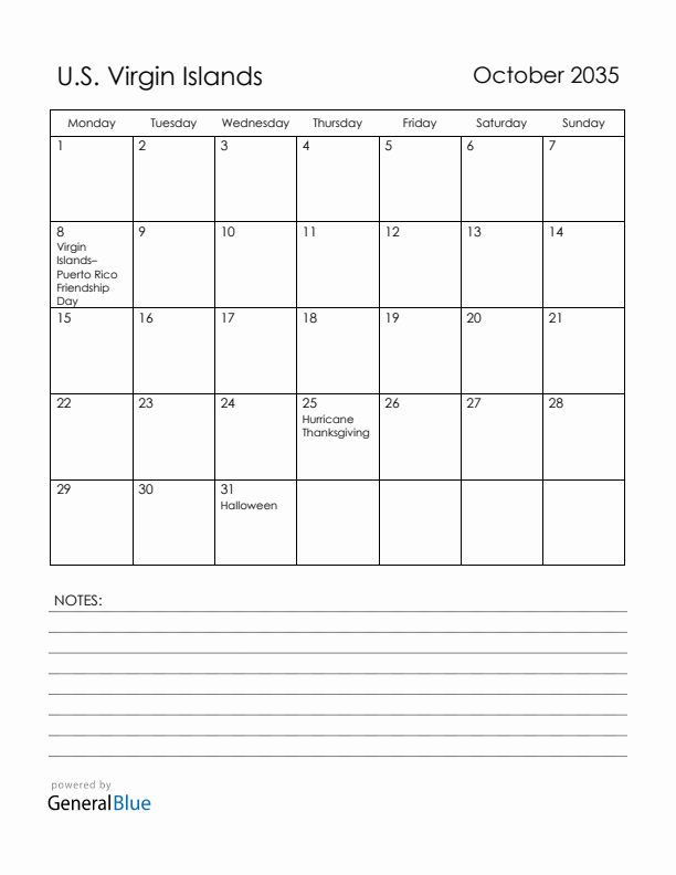 October 2035 U.S. Virgin Islands Calendar with Holidays (Monday Start)