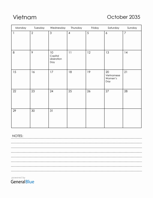 October 2035 Vietnam Calendar with Holidays (Monday Start)