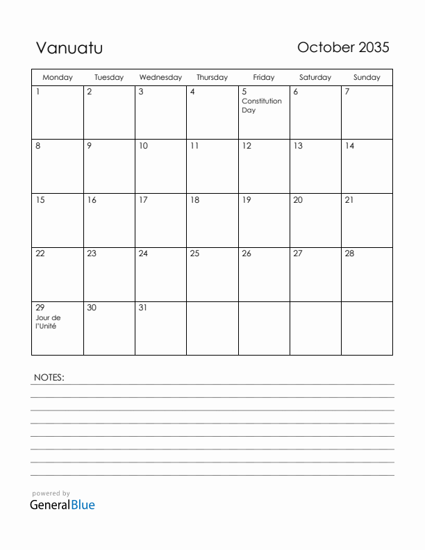 October 2035 Vanuatu Calendar with Holidays (Monday Start)