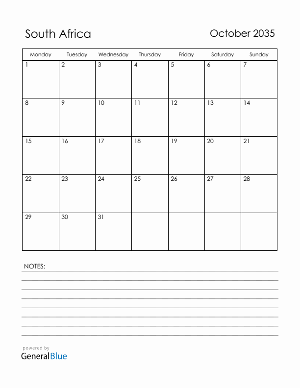 October 2035 South Africa Calendar with Holidays (Monday Start)