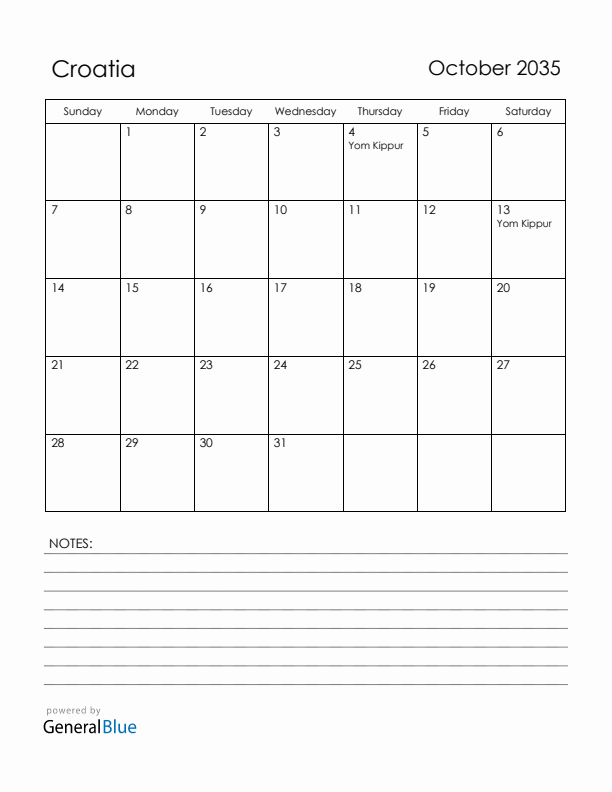 October 2035 Croatia Calendar with Holidays (Sunday Start)