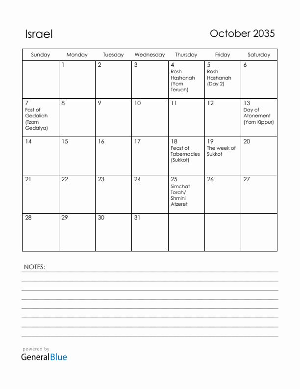 October 2035 Israel Calendar with Holidays (Sunday Start)