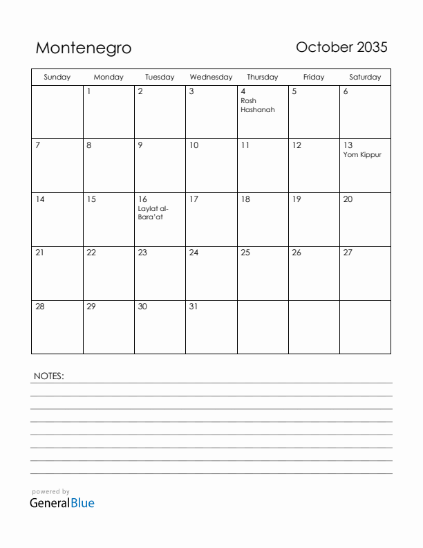 October 2035 Montenegro Calendar with Holidays (Sunday Start)