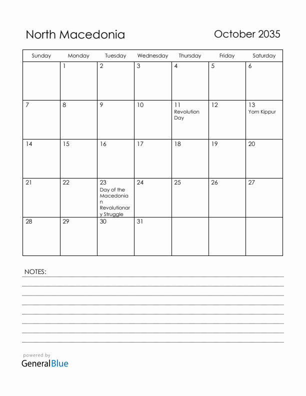 October 2035 North Macedonia Calendar with Holidays (Sunday Start)