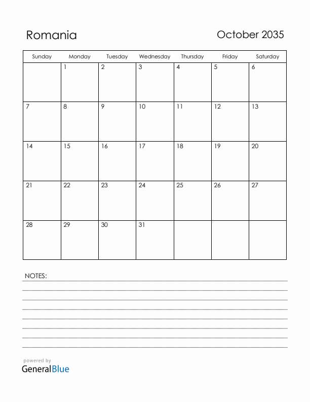 October 2035 Romania Calendar with Holidays (Sunday Start)
