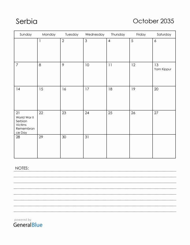 October 2035 Serbia Calendar with Holidays (Sunday Start)