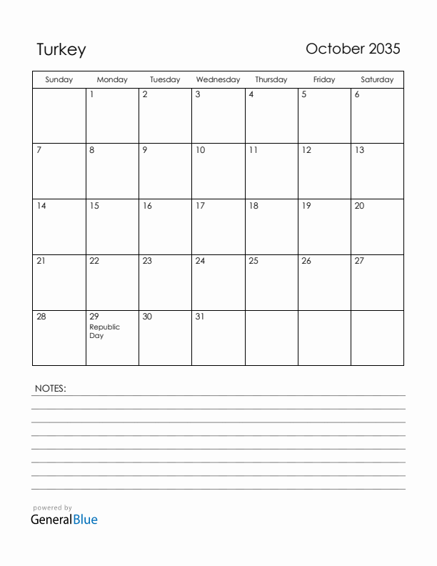 October 2035 Turkey Calendar with Holidays (Sunday Start)