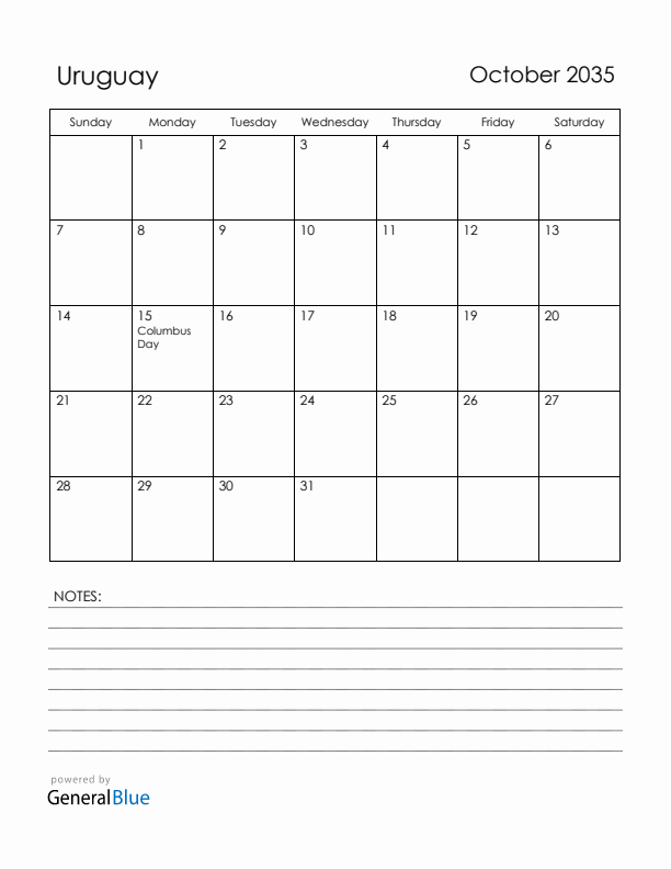 October 2035 Uruguay Calendar with Holidays (Sunday Start)
