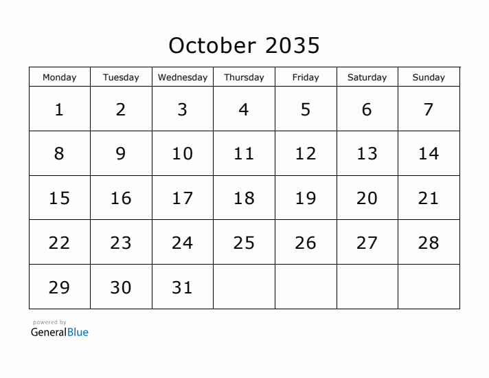 Printable October 2035 Calendar - Monday Start