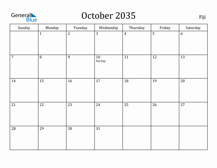 October 2035 Calendar Fiji