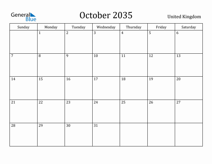 October 2035 Calendar United Kingdom