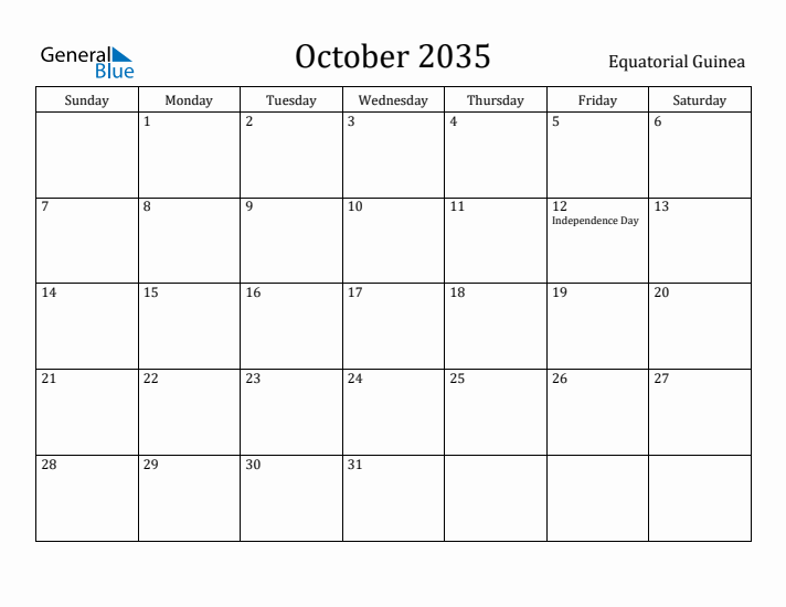 October 2035 Calendar Equatorial Guinea