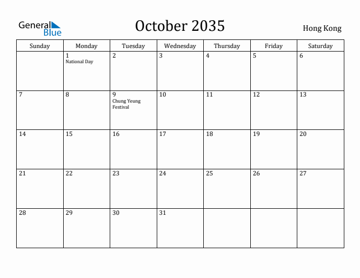 October 2035 Calendar Hong Kong